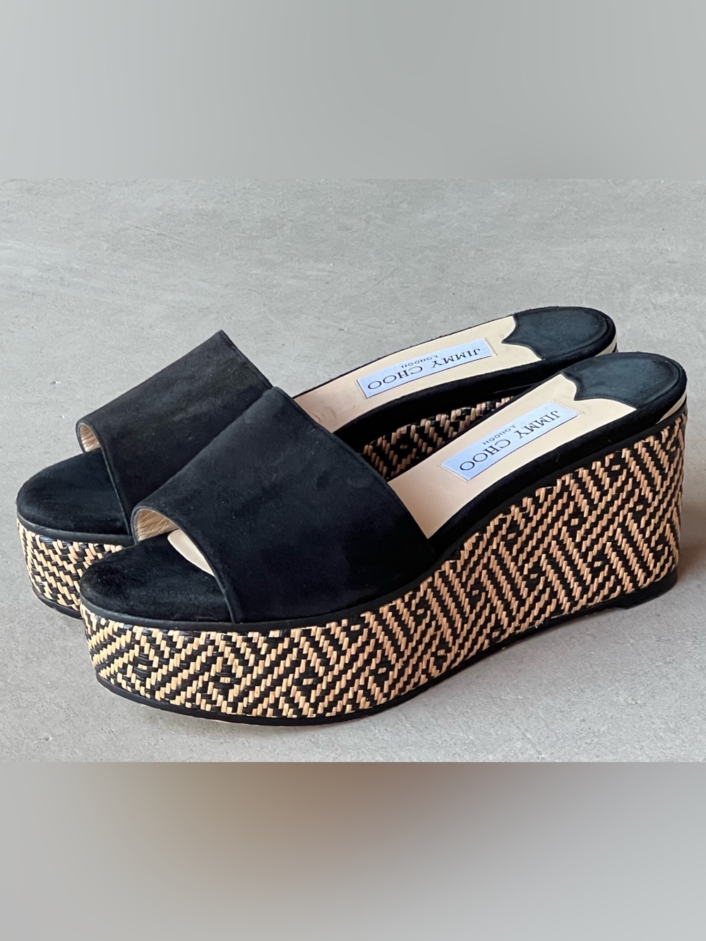 Jimmy Choo Deedee 80 Black Suede Chevron Raffia Platform Wedge Slides EU 38.5